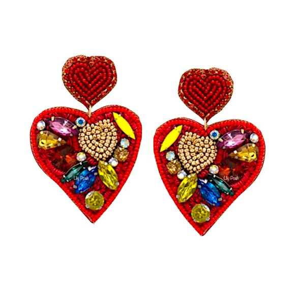 Red Heart Earring, Seed Bead Heart Earring, Lily Posh - Picture 1 of 4